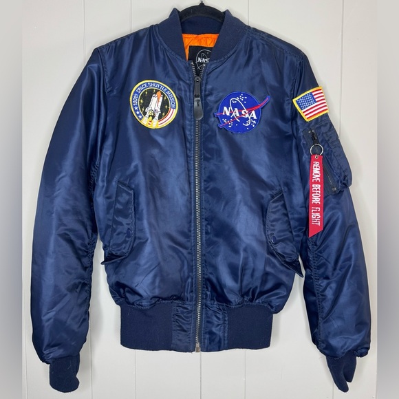 Revolve NASA 100th Space Shuttle Mission 3 Patch Satin Flight Jacket Size Small - Picture 2 of 15